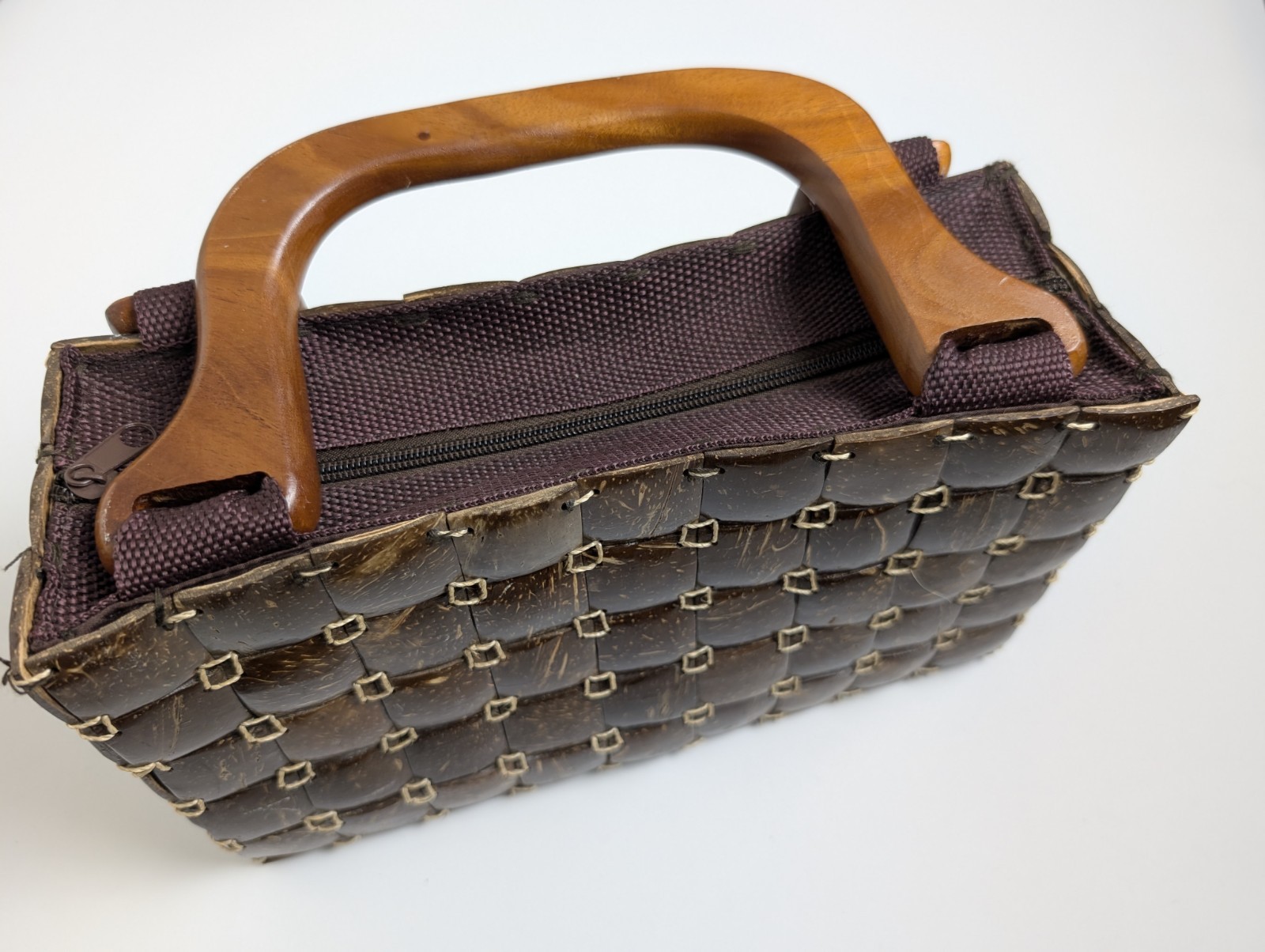 Handcrafted Brown Woven Coconut Shell Purse with Wooden Handles & Zipper Closure