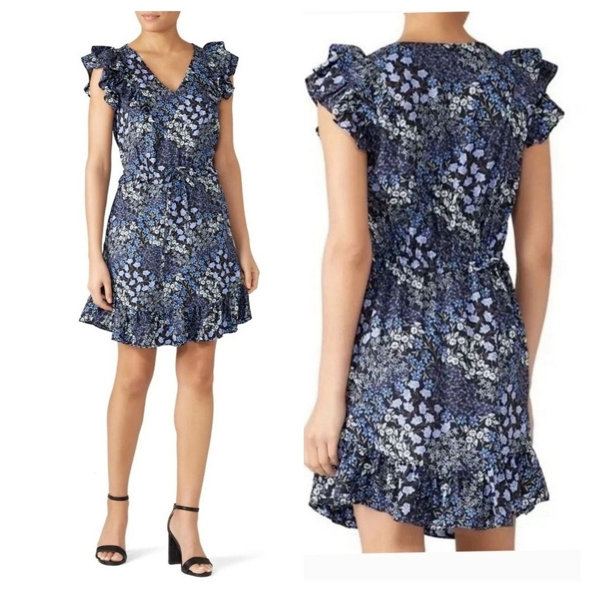 Rebecca Taylor Blue Black Floral Ruffle Silk Ava Mini Dress Size 0