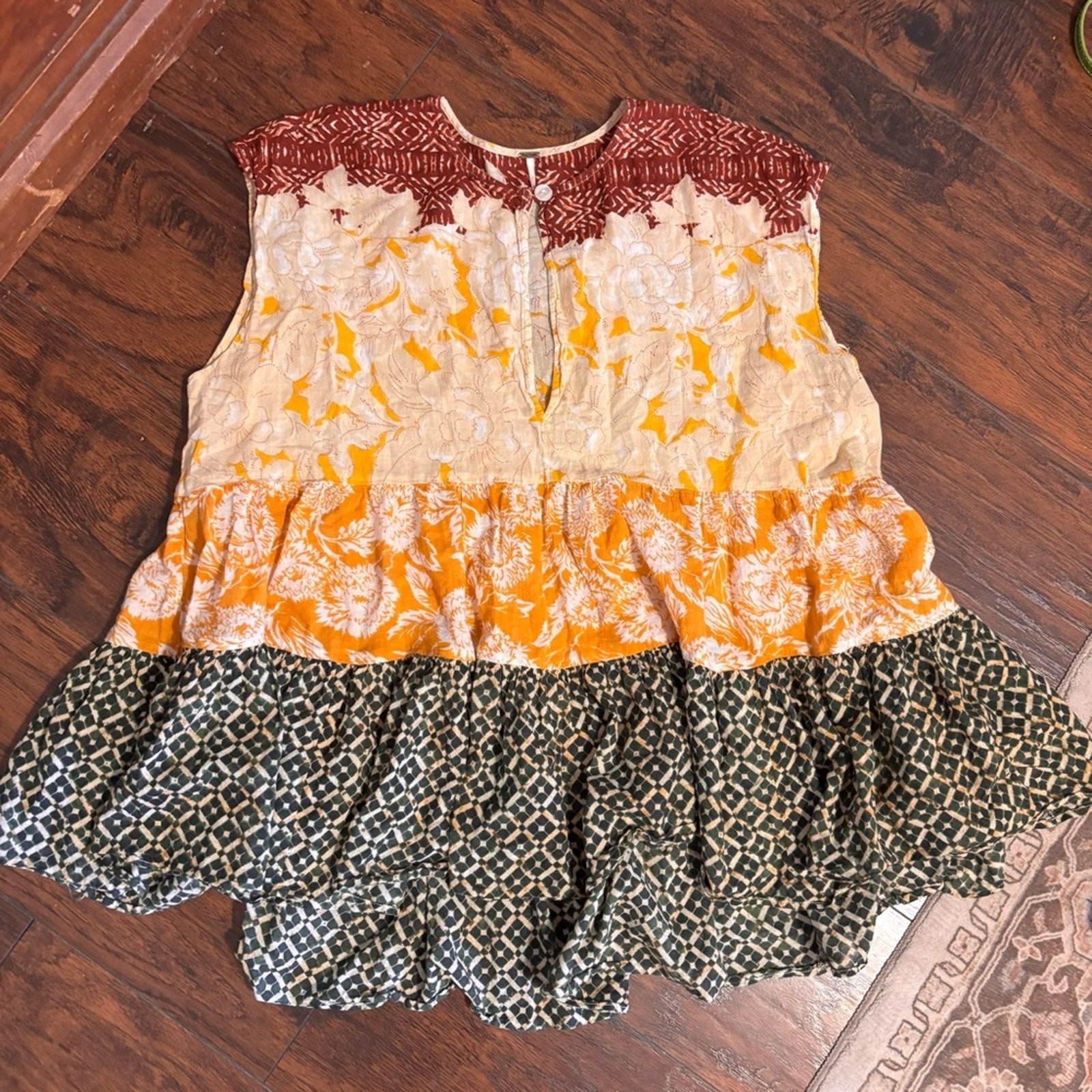 Free People Multi-Print Tiered Cap-Sleeve Tunic in Mustard Multi
