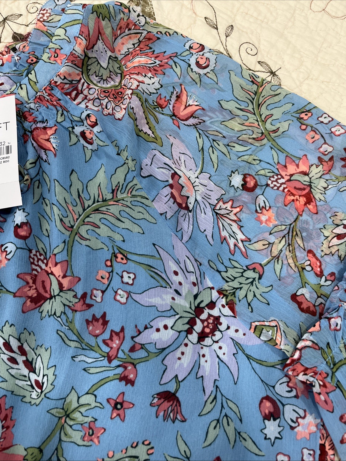 LOFT Blouse Top Women’s Size L Blue Floral Bell Sleeves Ties In Front Lined