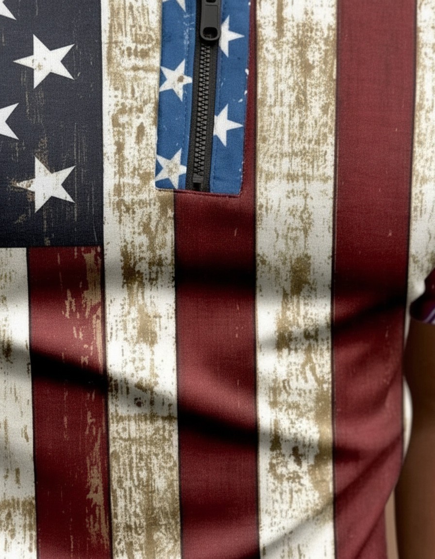 Patriotic Polo T-Shirt Men USA American Flag Distressed Golf Fashion Zipper Soft