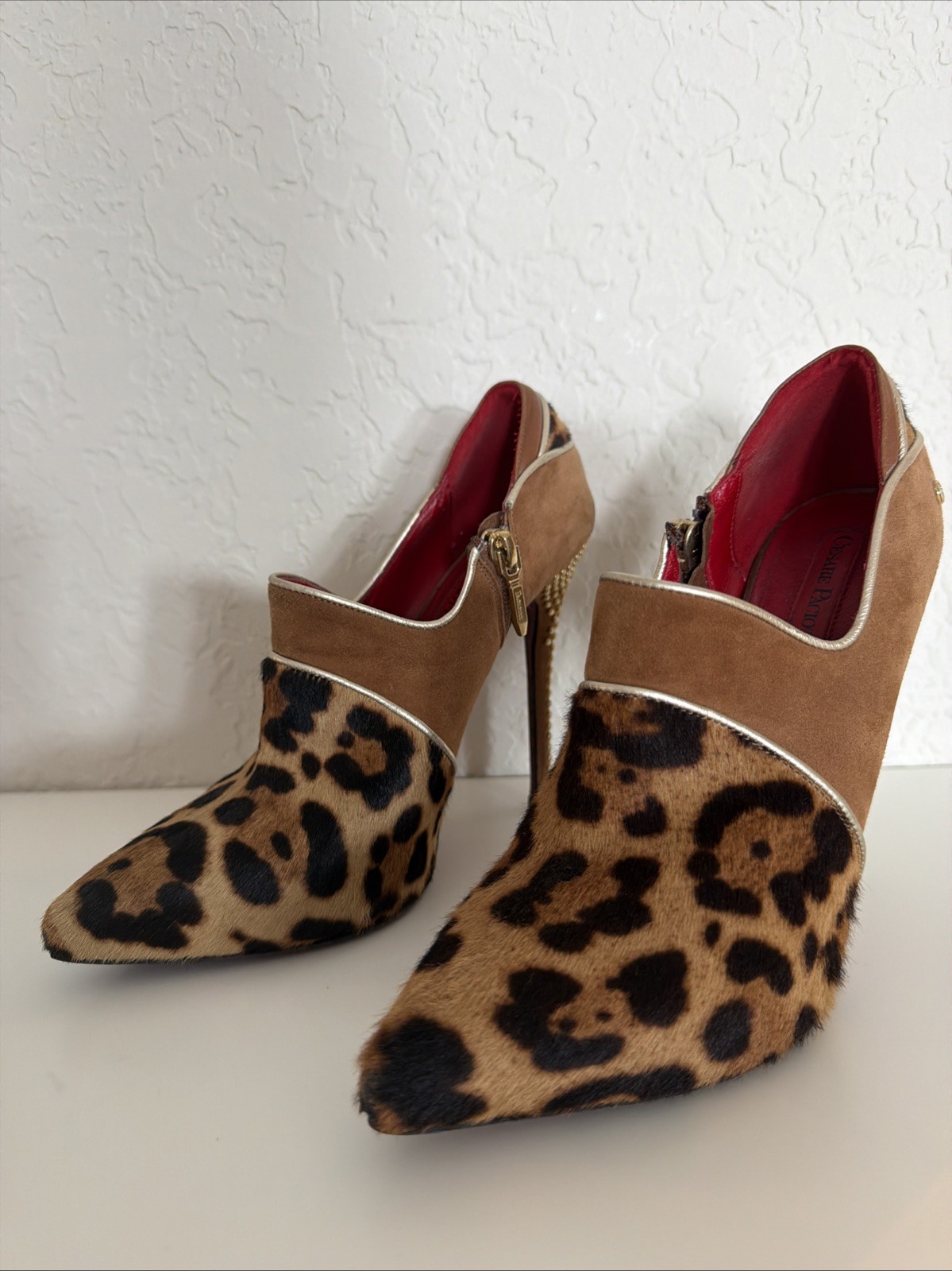 Cesare Paciotti Leopard print studded Booties Red Bottoms Size 37/6.5