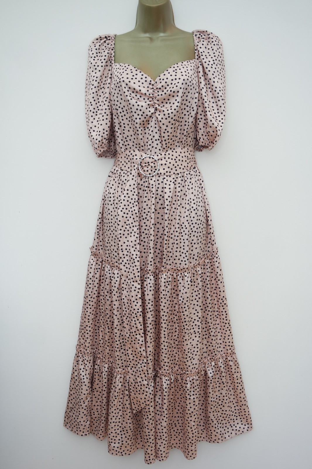 KALEIDOSCOPE NUDE BLACK SPOT JACQUARD TIER MIDI TEA DRESS SIZE 16 BELTED