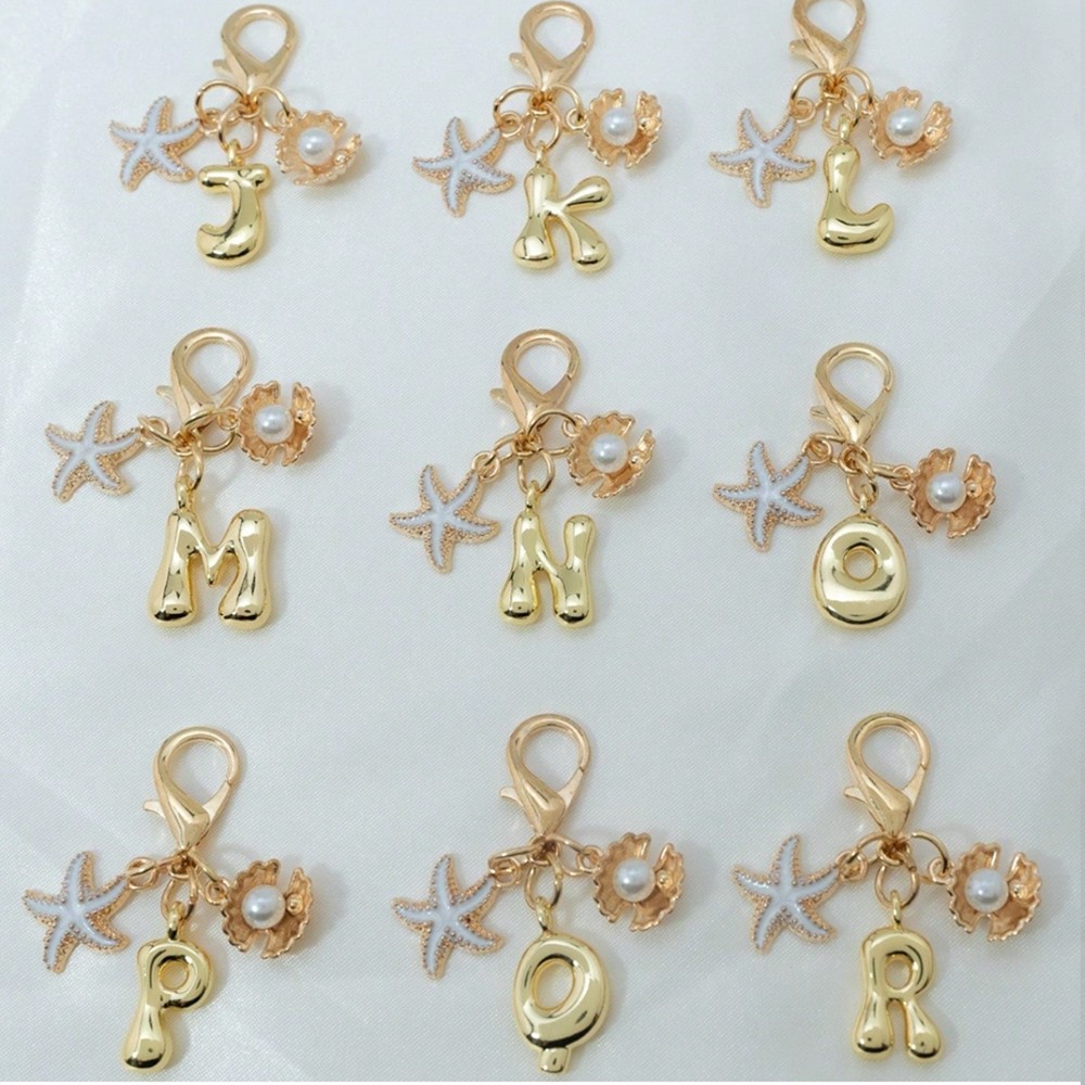 1PCS A-Z Gold Bubble Alphabet Keychain Starfish Shell Bag Charm Gift for Women