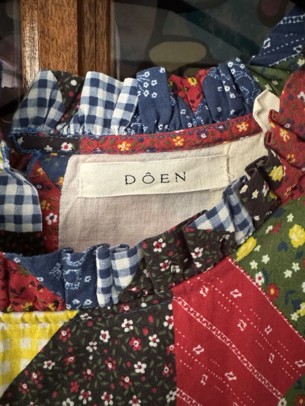 Dôen Women’s Patchwork Puff Sleeve Blouse Round Neck Ruffle Multicolor XL