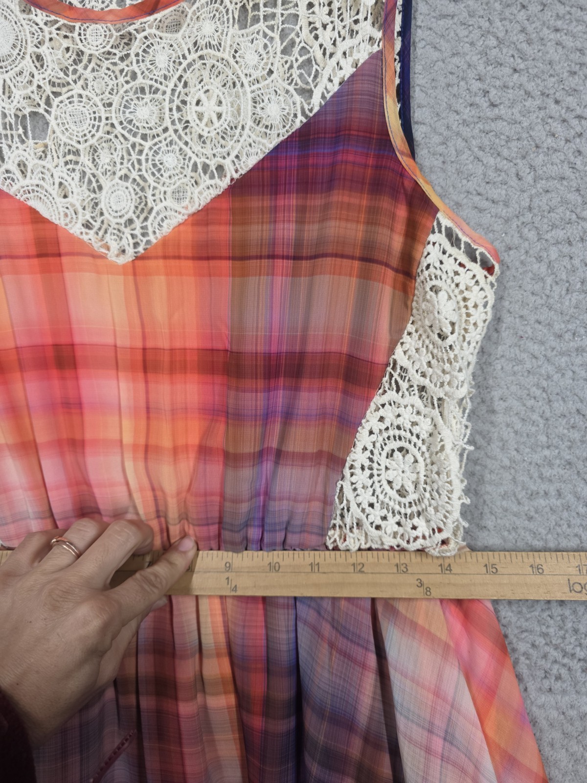 Plaid Fit And Flare Dress Medium GB Crochet Trim Orange Purple Sundress Knee Lgt