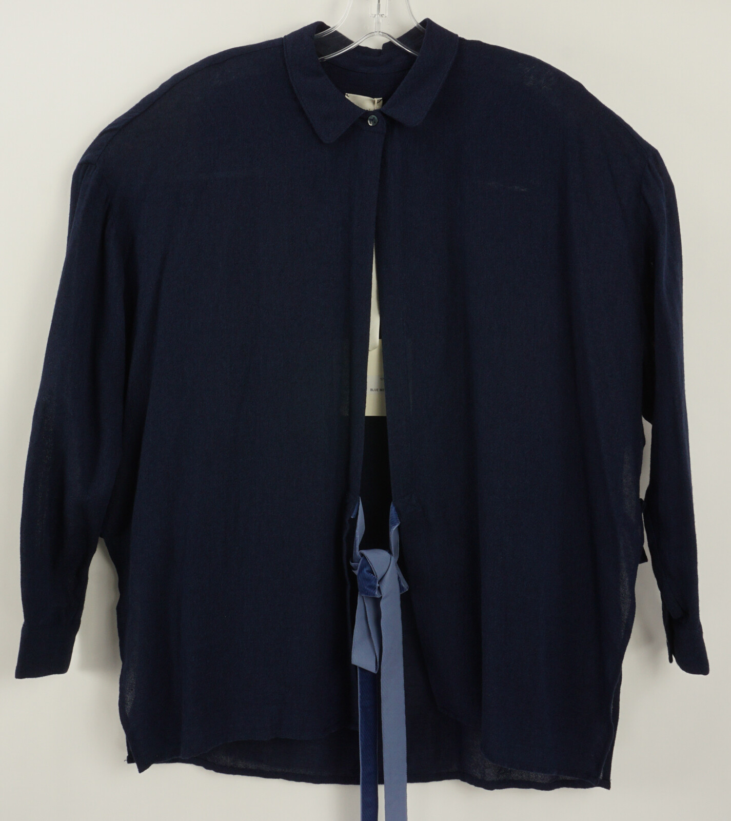 New Merci Women’s Small Dark Blue Woven Wool Viscose Open Lace Closure Blouse