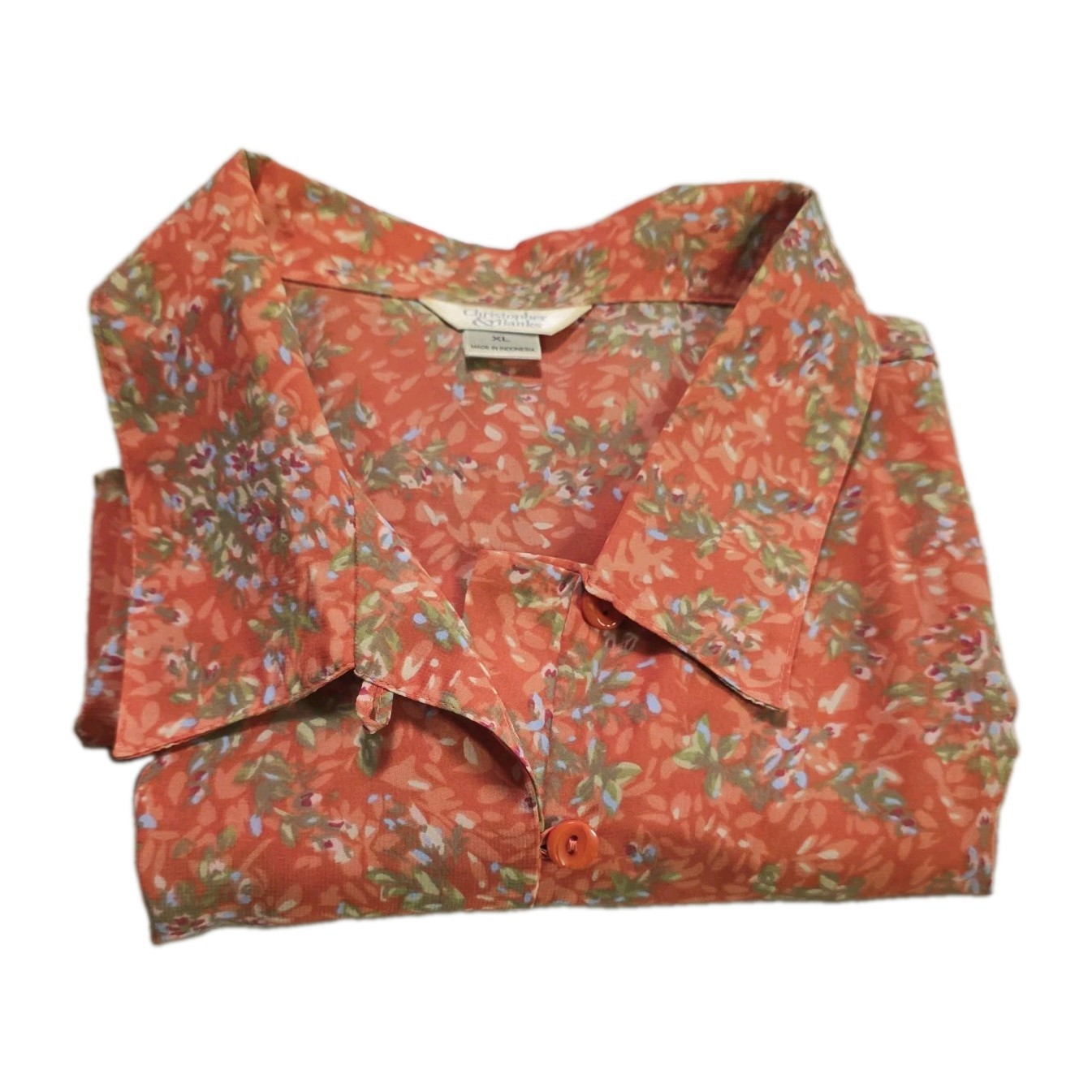 VTG C&B Womens XL Short Sleeve Button Up Shirt Orange Floral Calico Cottagecore