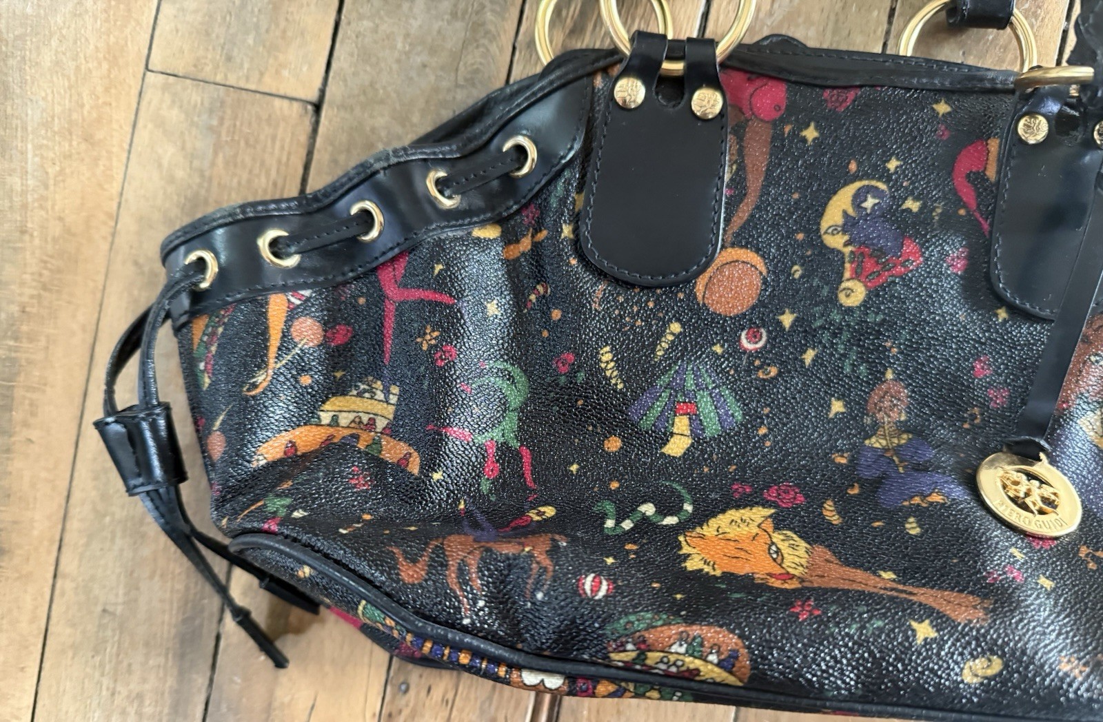 Piero Guidi Magic Circus Large Satchel Bag Black Multicolor Gold Hardware