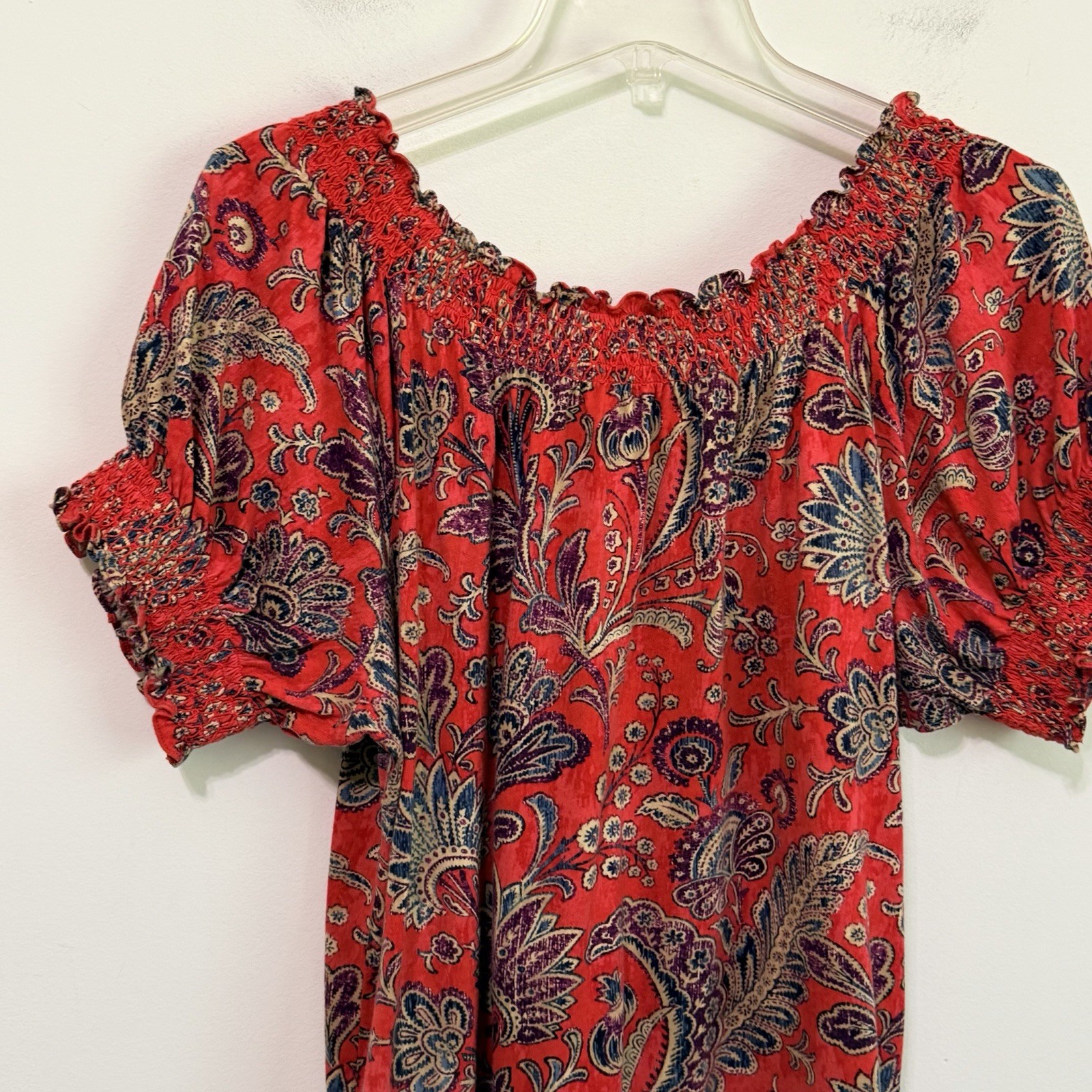 Lauren Ralph Lauren Top XL Red Paisley Smocked Neck Stretch Knit Preppy Shirt