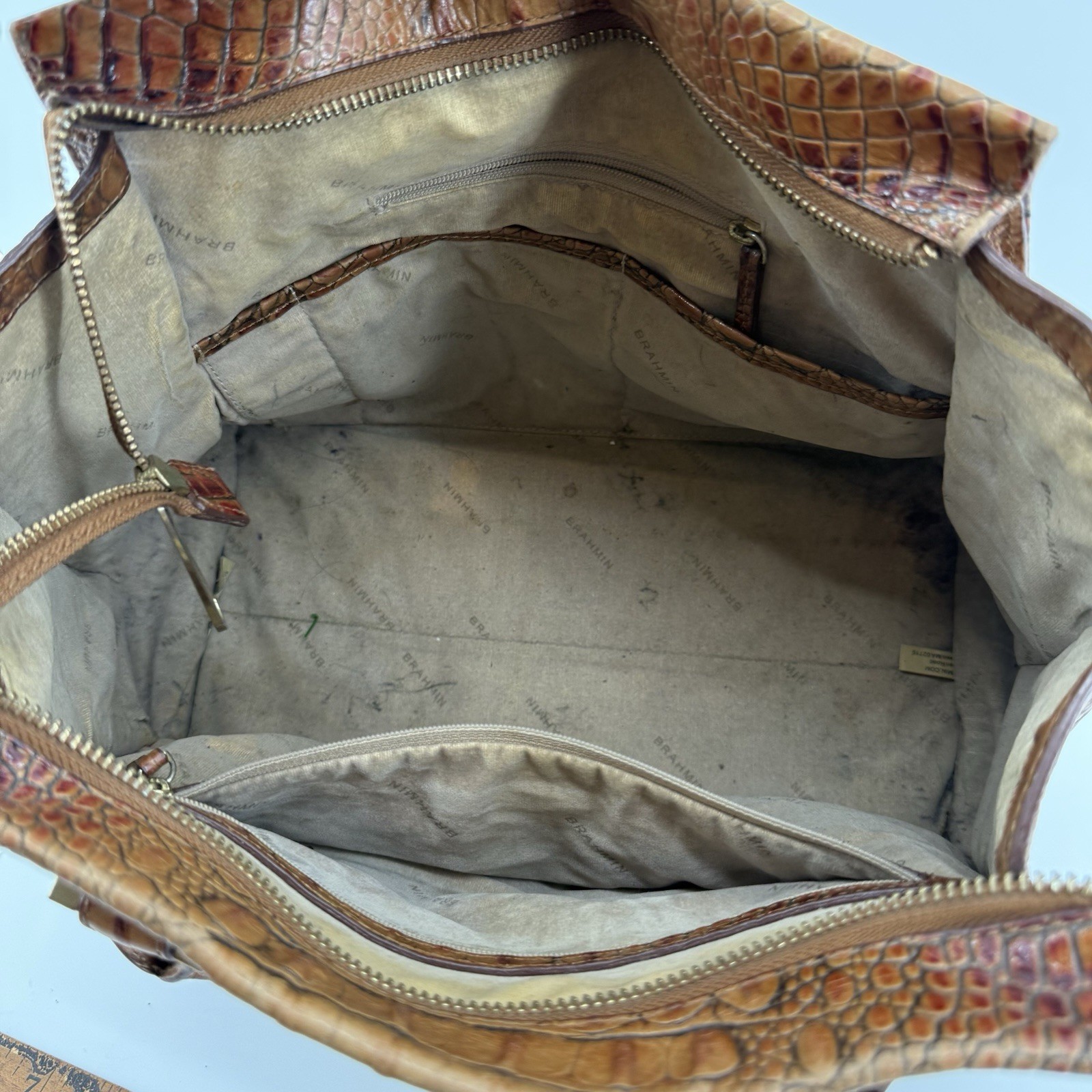 BRAHMIN Priscilla Satchel Pecan Brown Leather Croc Embossed Bag Quiet Luxury
