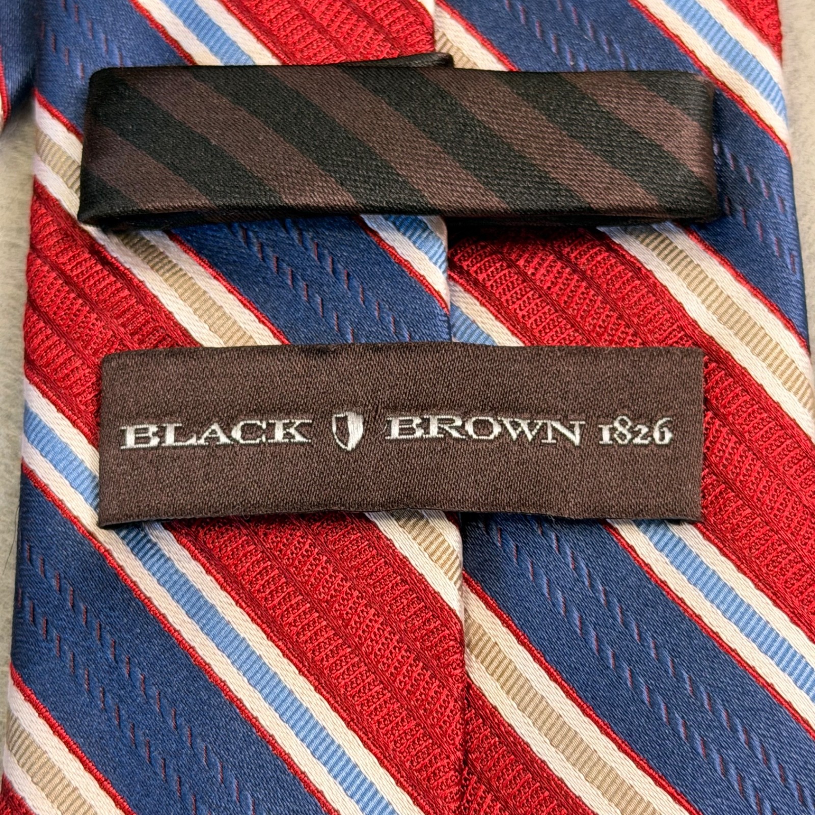 Black and Brown 1826 Regimental Red, Blue, Beige Stripes 100% Silk 61 x 3 3/4”