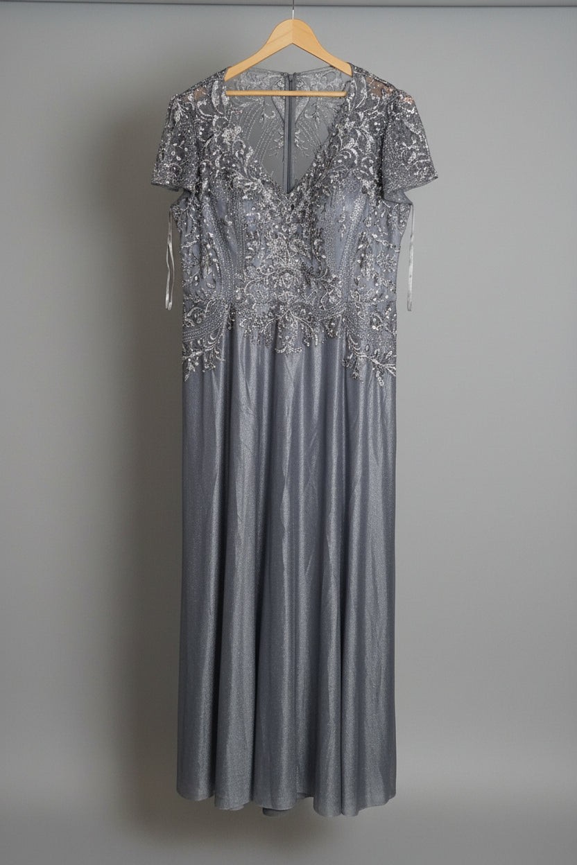 Size: 16 MGNY by Mori Lee Beaded Evening Gown – Silver/Grey (Never Worn)