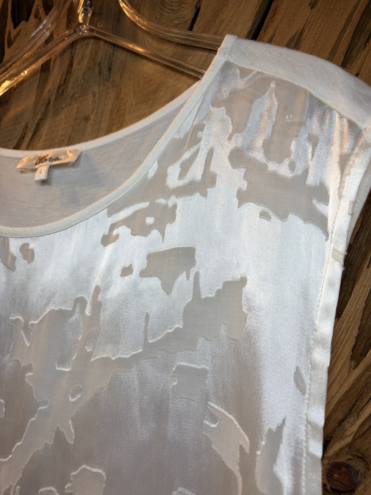 My Tribe Silk Blend Mixed Media Shell – Sheer Front Sleeveless Blouse White L