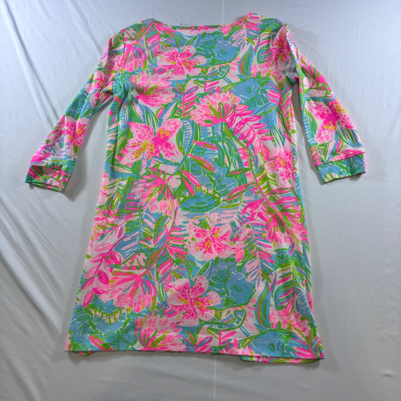 Lilly Pulitzer Womens XL Pink Blue Tropical Floral Cotton 3/4 Sleeve Shift Dress
