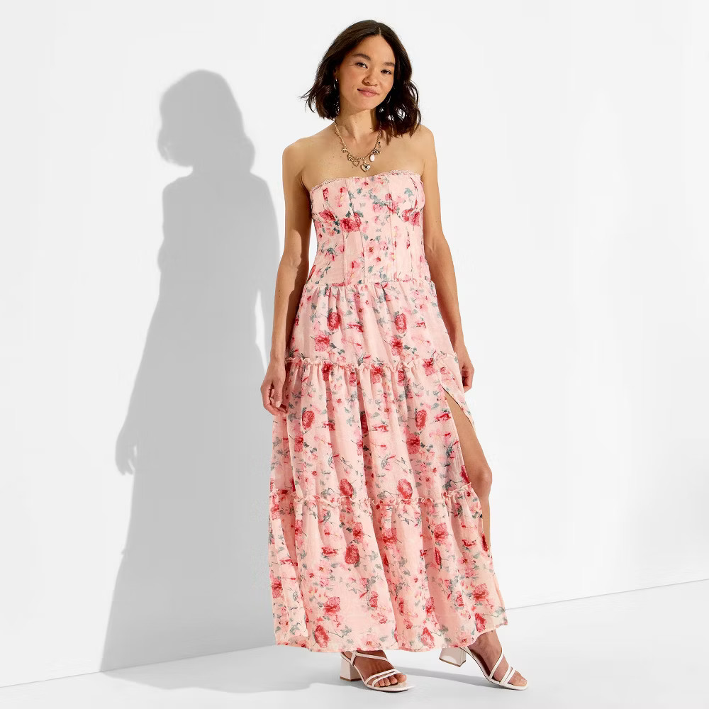 Women Strapless Tiered Corset Maxi Dress – Wild Fable Pink Floral XL
