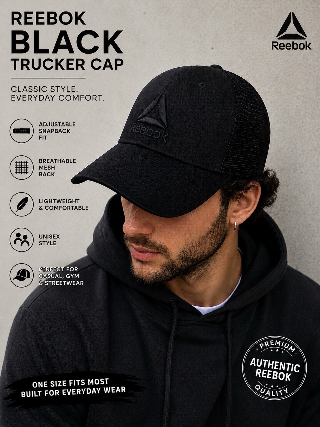 Reebok Black Trucker Hat Cap Fitted Mesh Back Unisex Athletic Casual