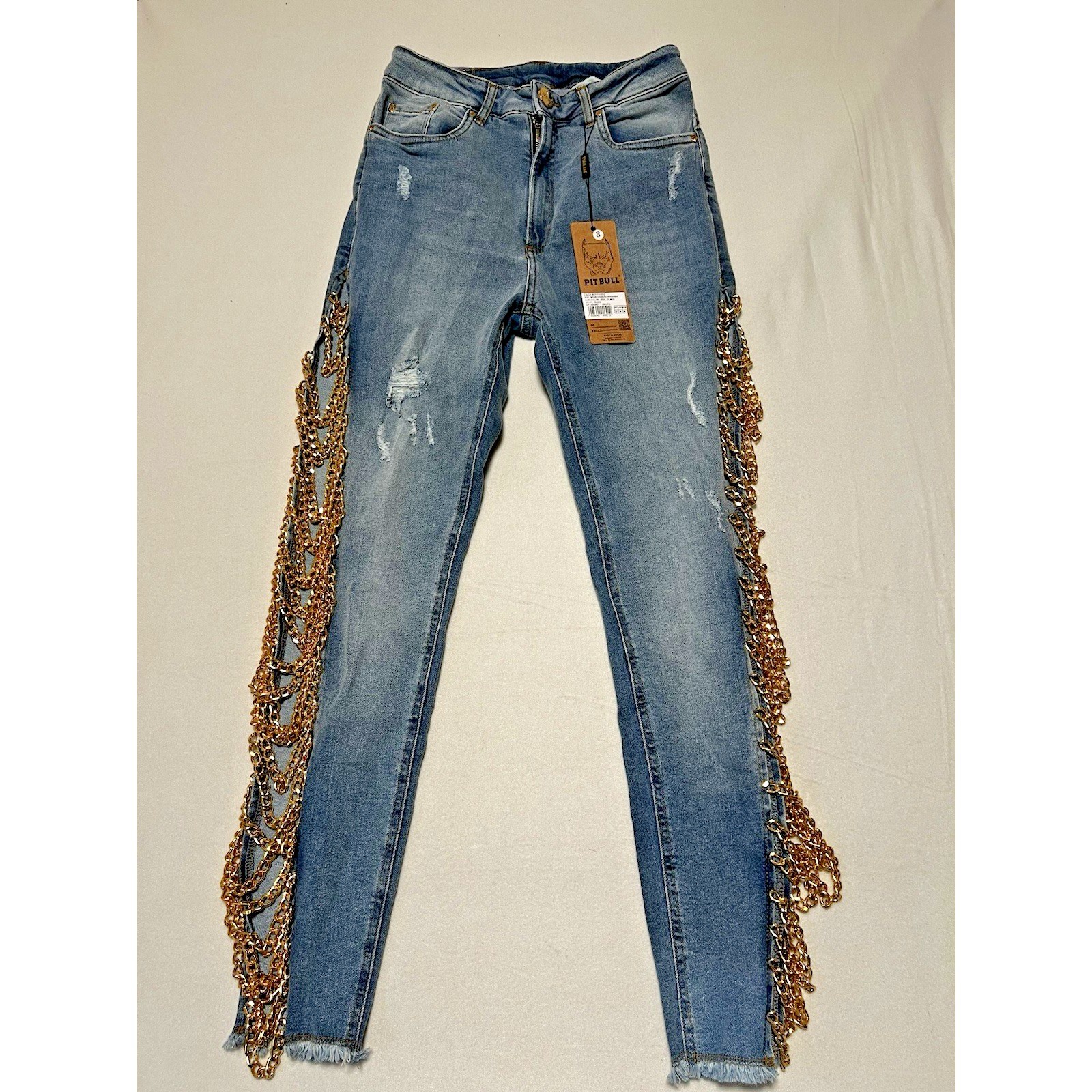 Pit Bull Jeans Womens Azul Claro Gold Chain Side Cut Out Distressed Denim 8 NEW