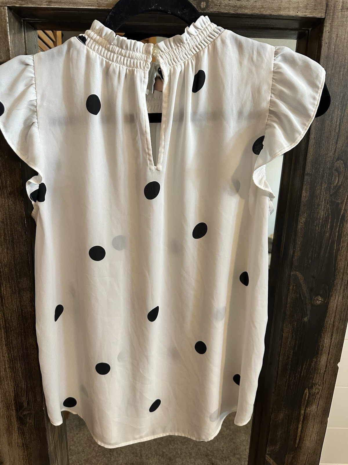 LOFT White Black Polka Dot Flutter Sleeve Blouse Mock Neck Top S Cottagecore