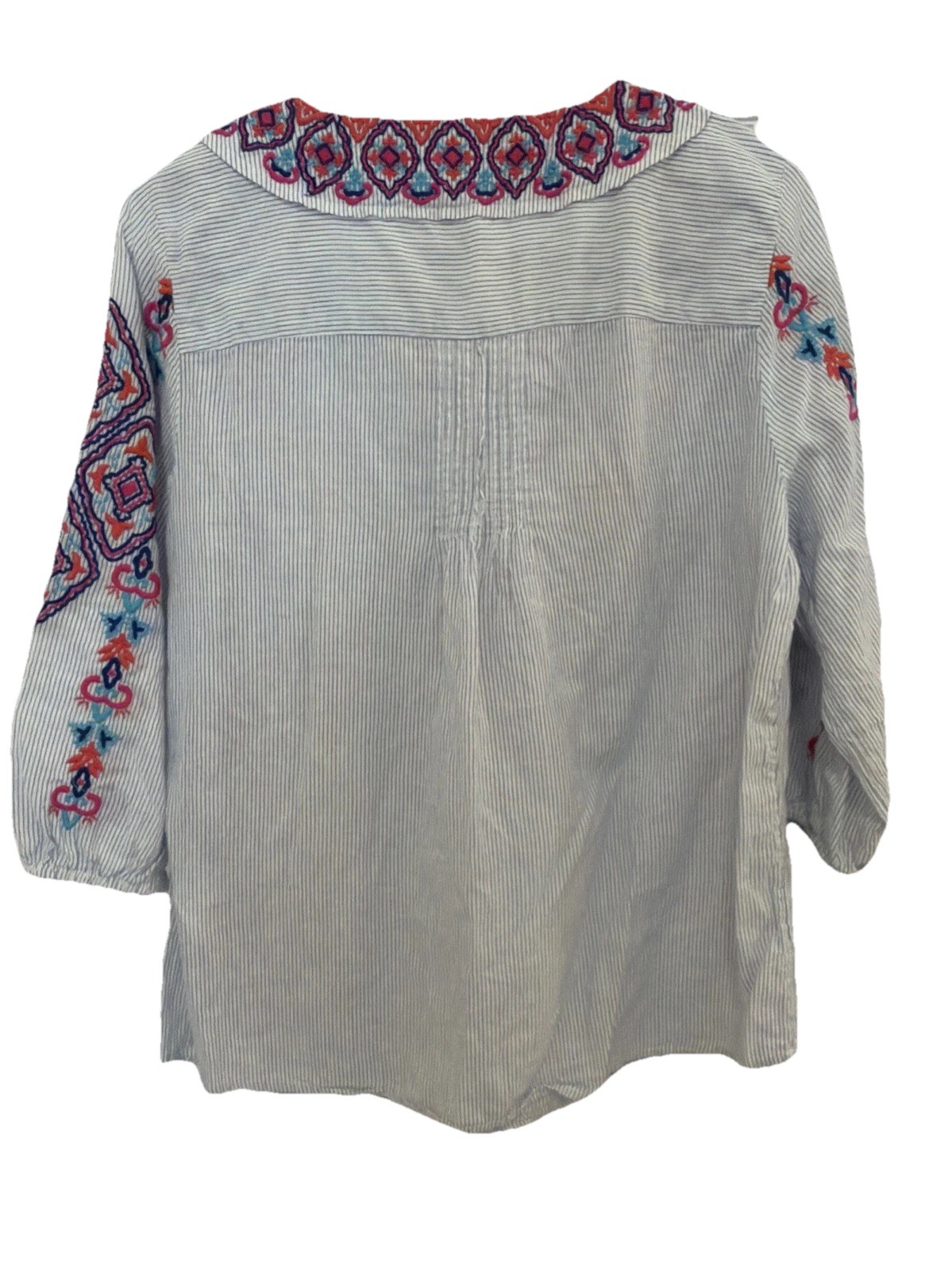Chico’s blue embroidered beaded tasseled pesant tunic boho blue blouse size 8-10