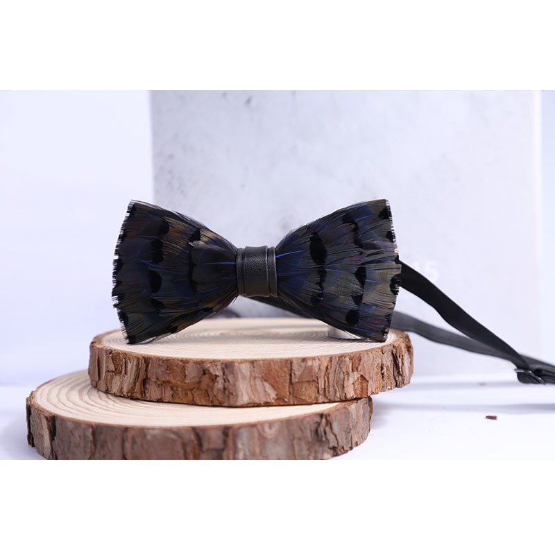 Feather Bow Ties for Men, Handmade Pre-Tied Bow Tie and Brooch Set