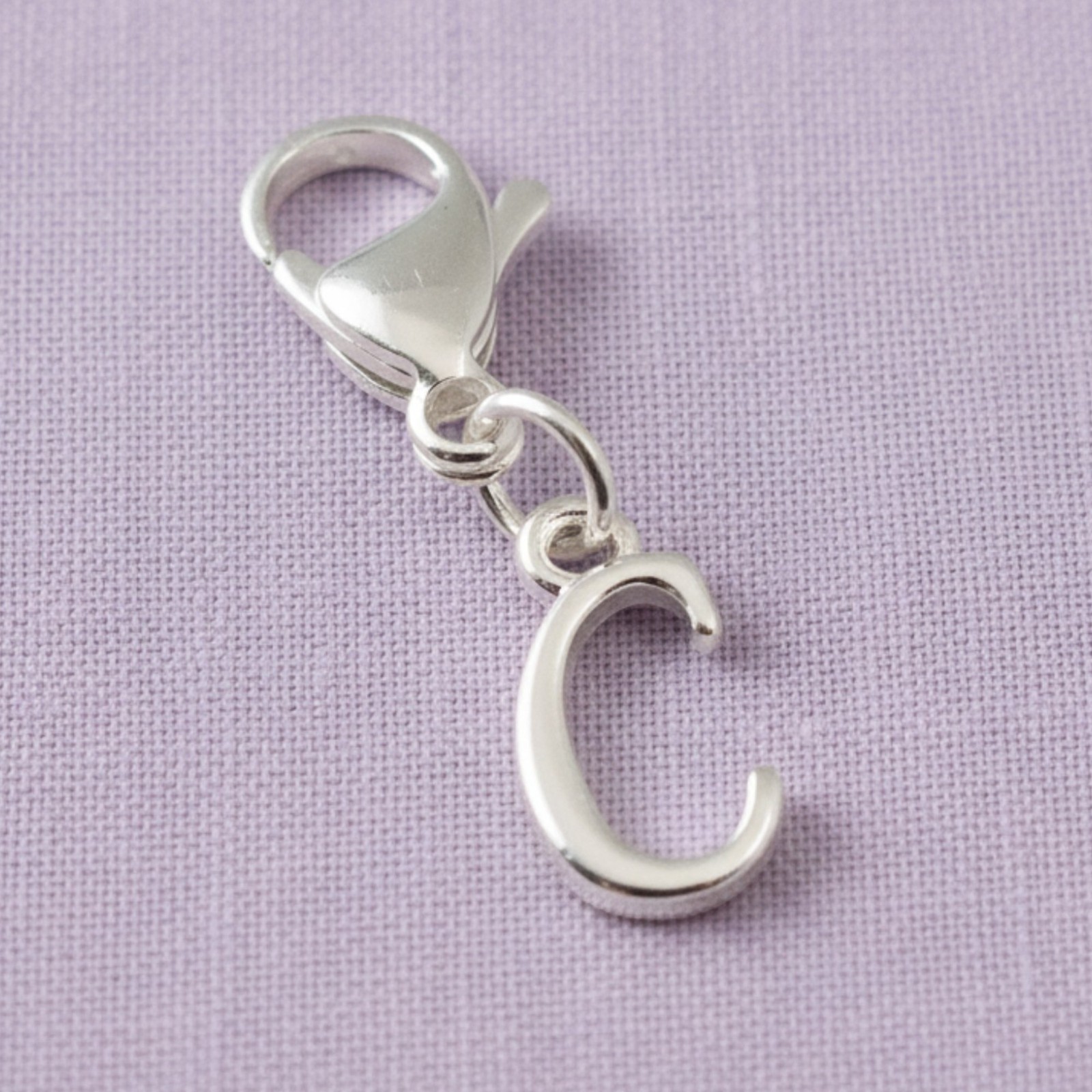 Silver Letter “C” Clip On Charm, Cursive Script Initial Dangle + Lobster Clasp