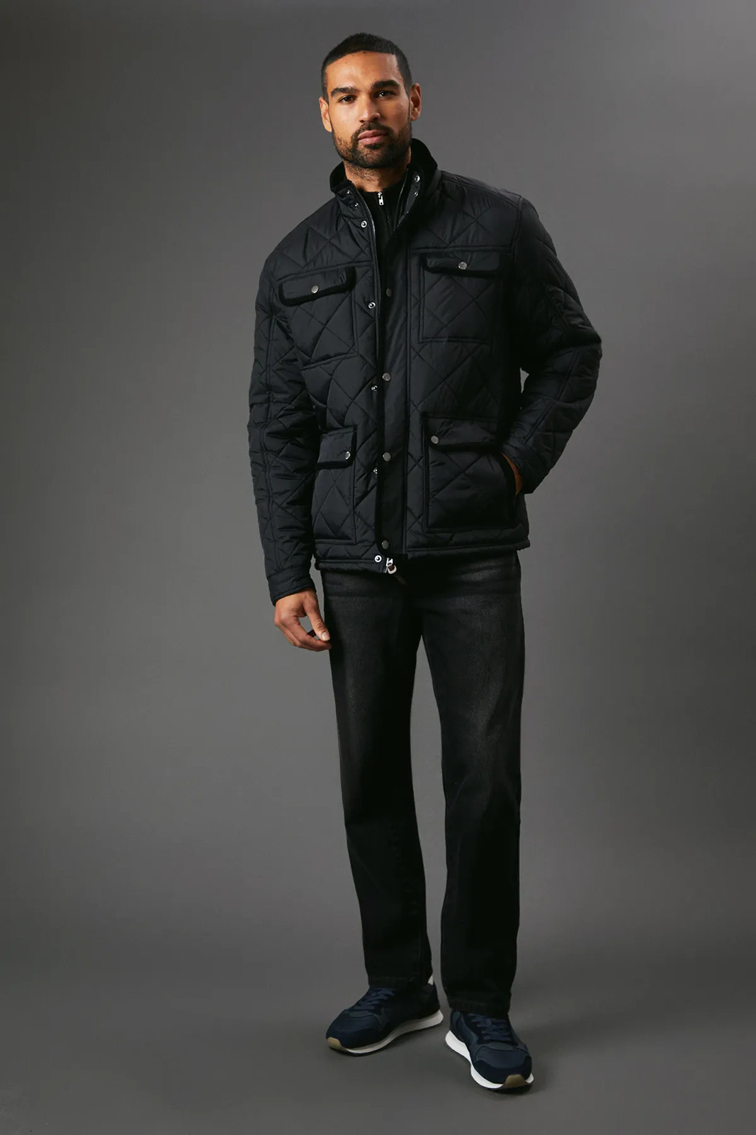 Maine Mens Quilted Jacket Funnel Neck Four Pockets Black All Seasons