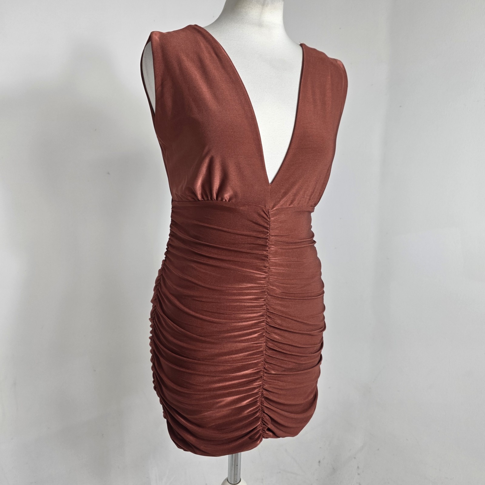 Quiz Rust Metallic Ruched Bodycon Mini Party Dress Deep V Neck UK 8 BNWT