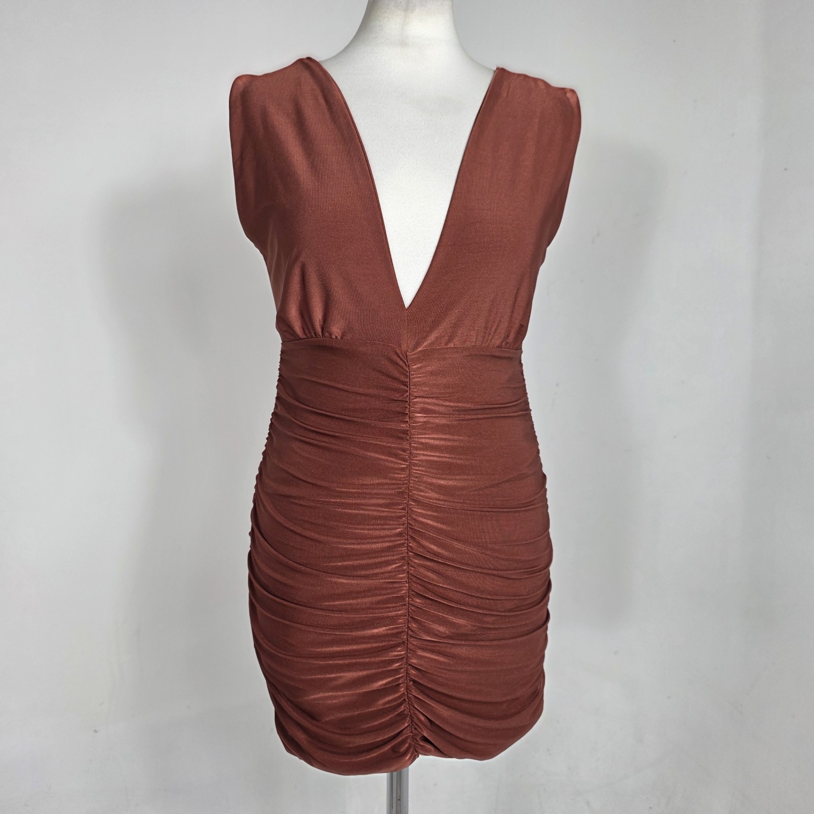 Quiz Rust Metallic Ruched Bodycon Mini Party Dress Deep V Neck UK 8 BNWT