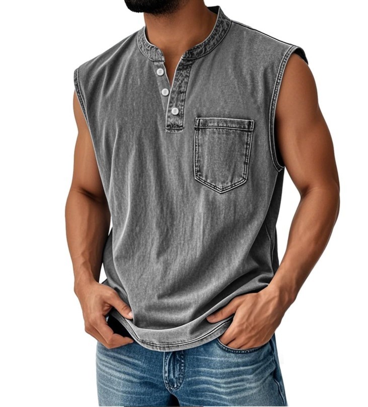 Men’s Sleeveless Henley T-Shirt Casual Cotton Blend Tank Top Summer Gym Vest