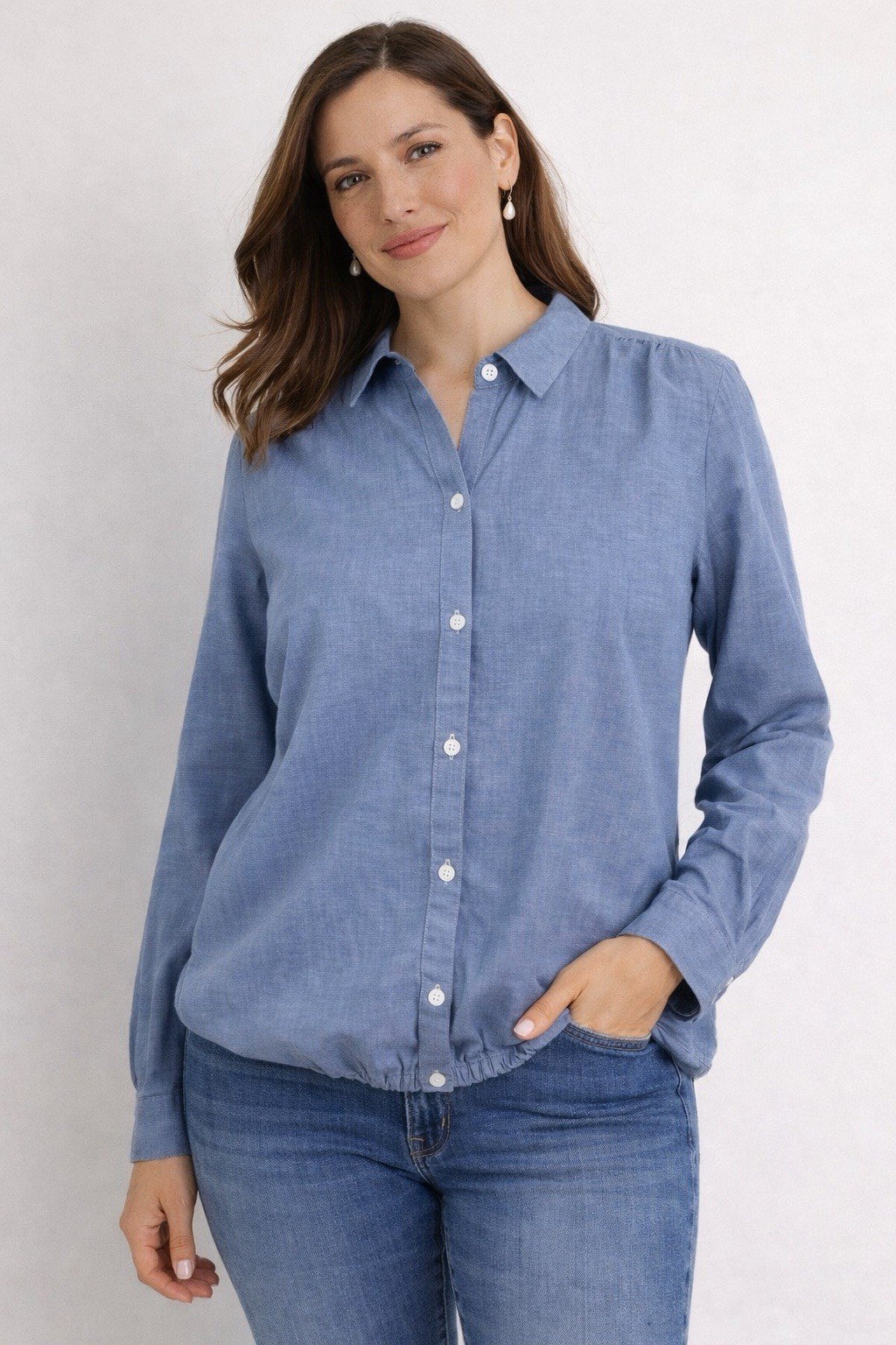Ann Taylor LOFT Button-up Blouson Shirt MEDIUM Blue Lightweight Cotton Top