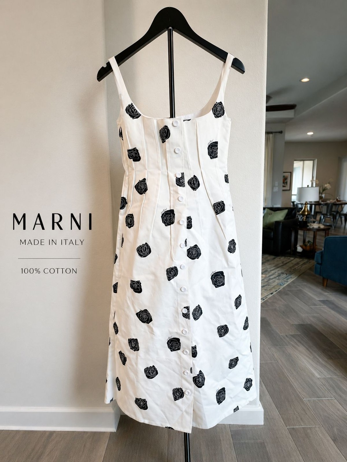 Marni Rose Print Midi Dress White IT 40 US 4 NWT $2300 2025 Cotton Italy