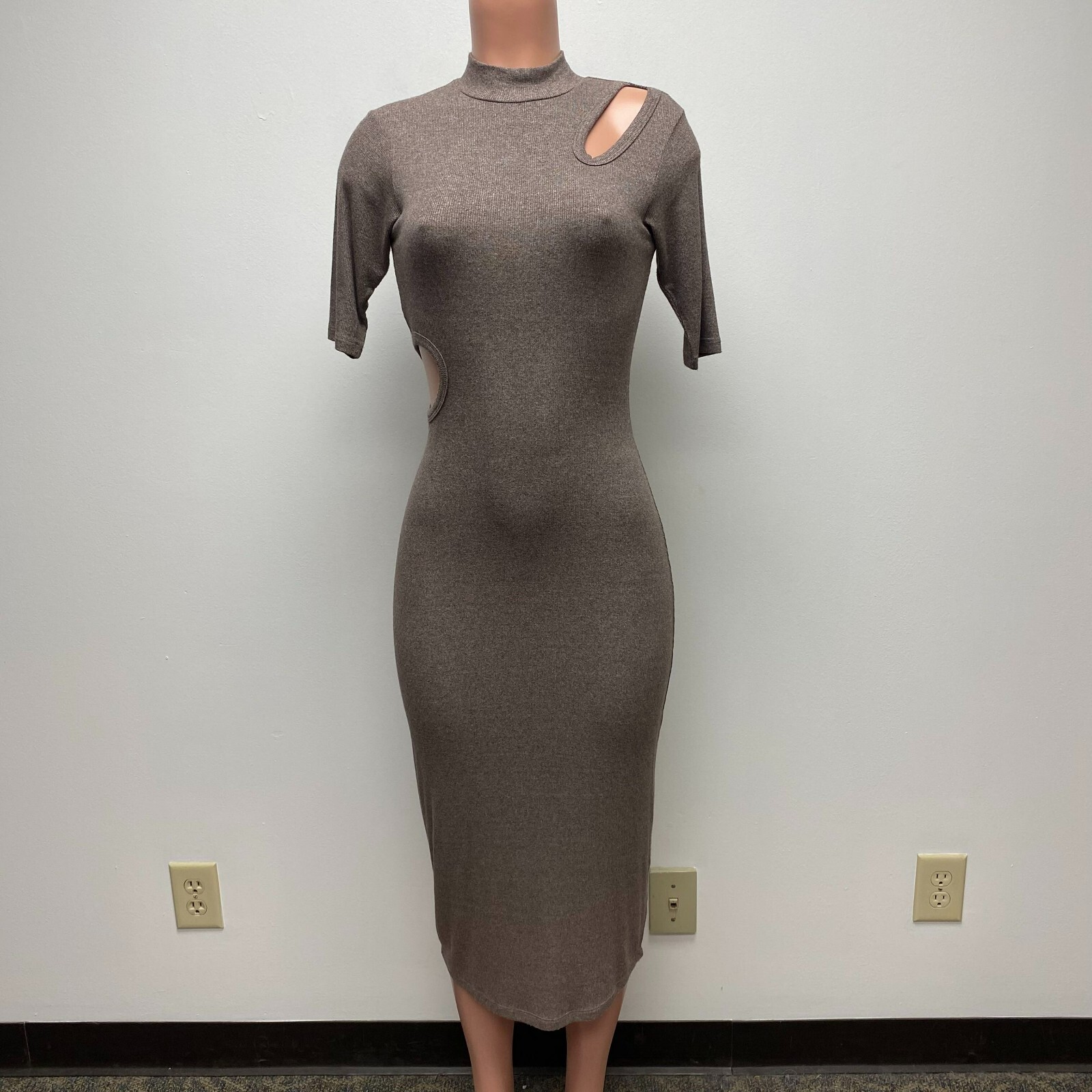 LNA Womens Rocky Road Brown Short Sleeve Cut Out Stretch Suvi Rib Midi Dress S