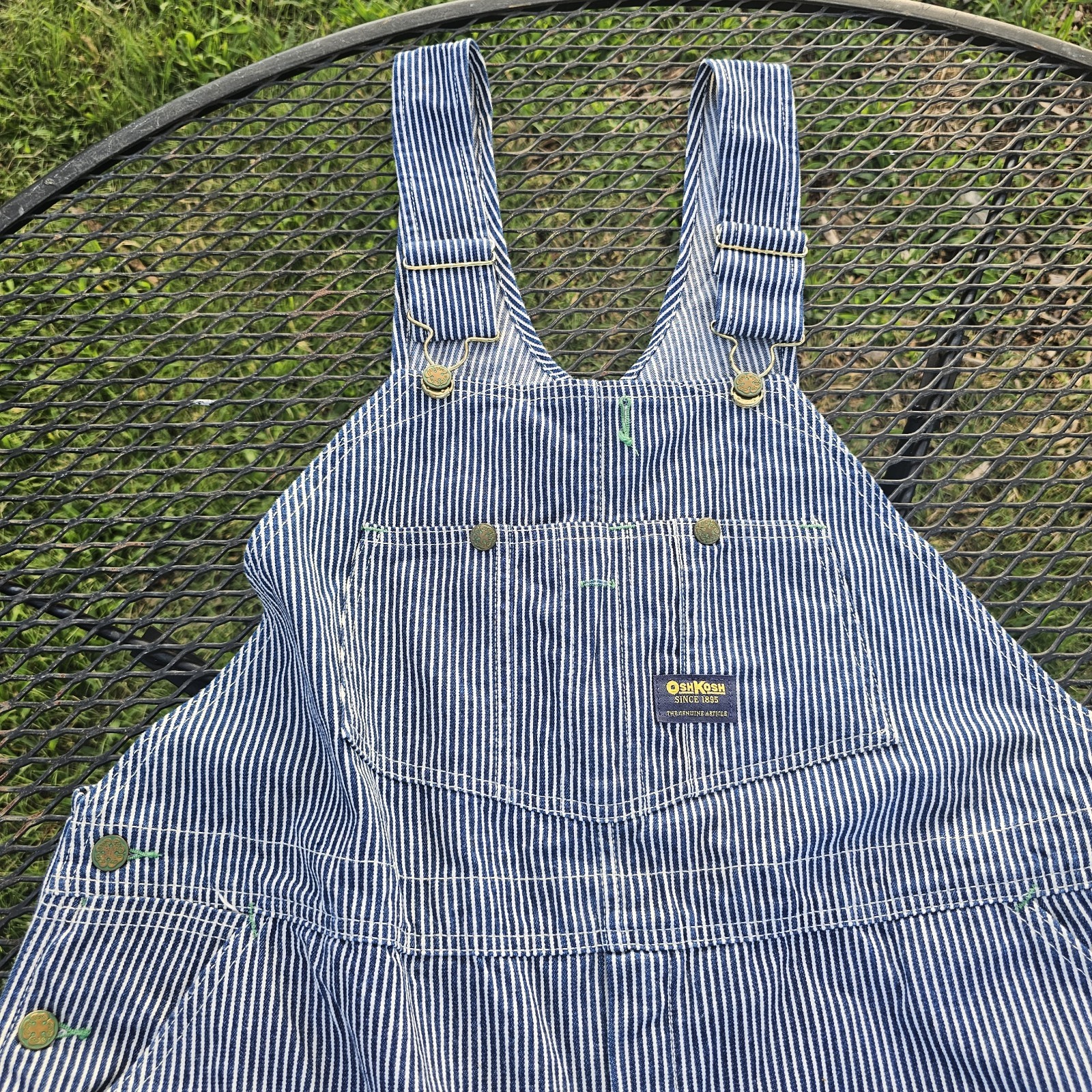 OshKosh B’gosh Blue Railroad Striped Denim Overalls 100% Cotton USA 44×30