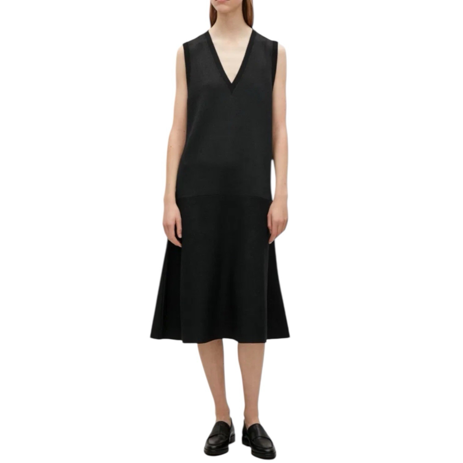 COS Terry Drop Waist Sleeveless Black V-Neck Midi Maxi Dress Sz M