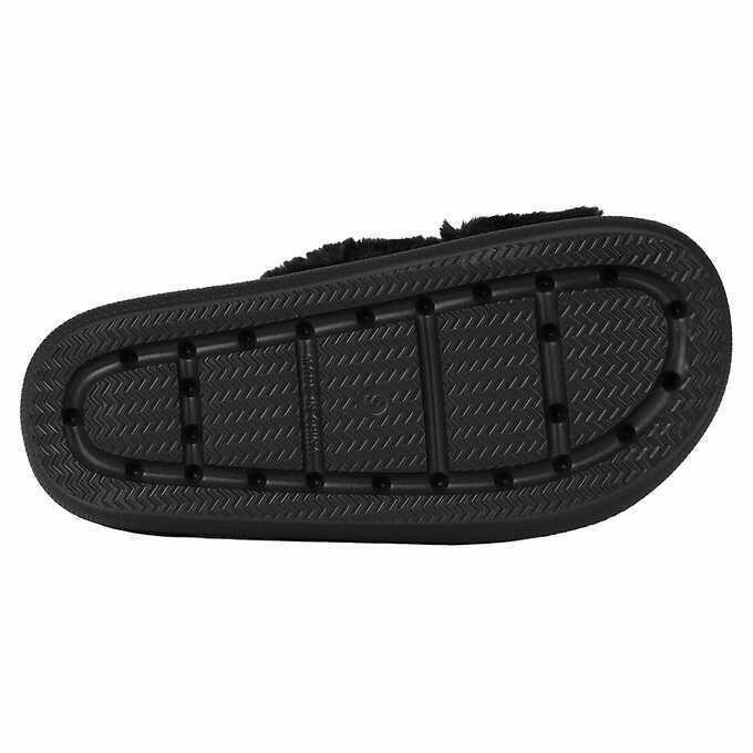 32 Degrees Heat Plush Fuzzy Warm Slippers Faux Fur Cushion Slides, Black