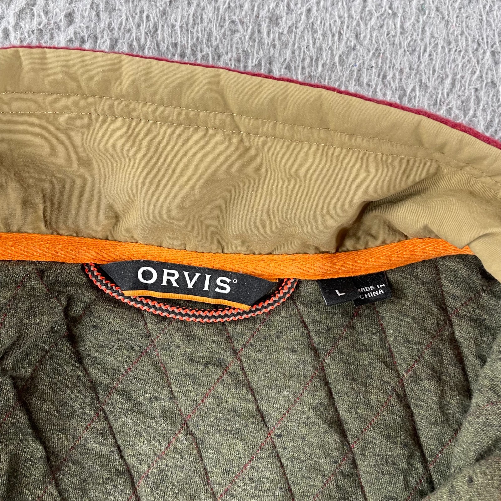 Orvis Pullover Men Large Red Quilted 1/4 Zip Snap Outdoors Hiking Pockets Casual