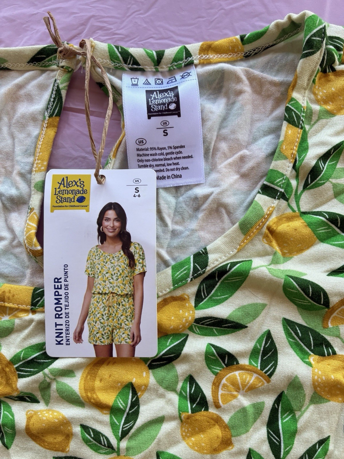 Alex’s Lemonade Stand Womens Romper Lemon Fruit Print Knit Drawstring Retro Sz S