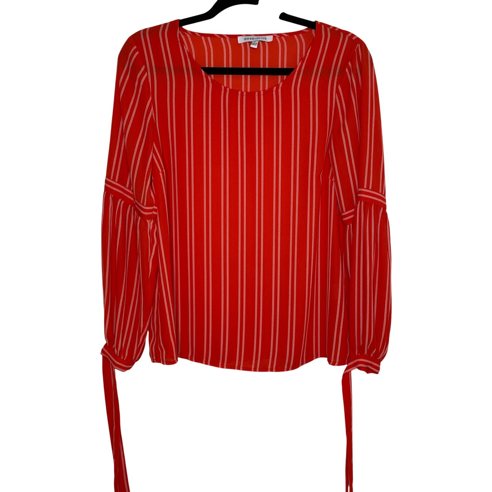 Rose + Olive Blouse Womens Small Red Striped Bishop Sleeve Tie Cuff Top Office