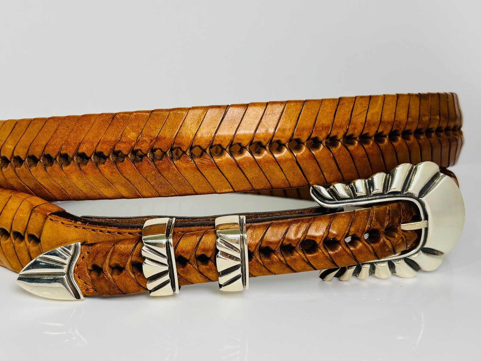 Chacon Santa Fe Sterling Silver 925 3/4″ Ranger Belt Buckle 38 Woven Tan Leather