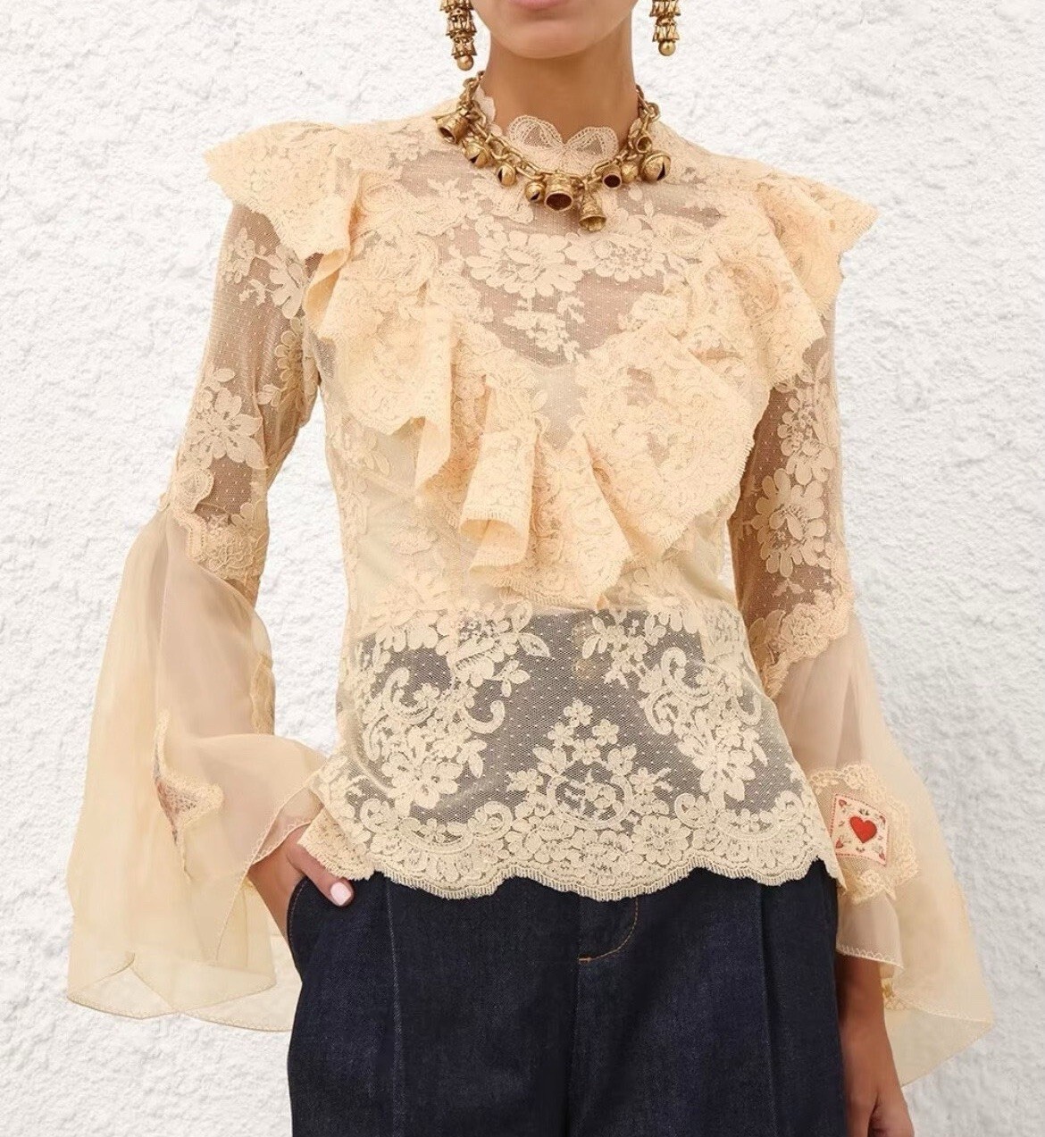 Zimmermann Beige Floral Lace Ruffle High Neck Sheer Long Sleeve Blouse 0