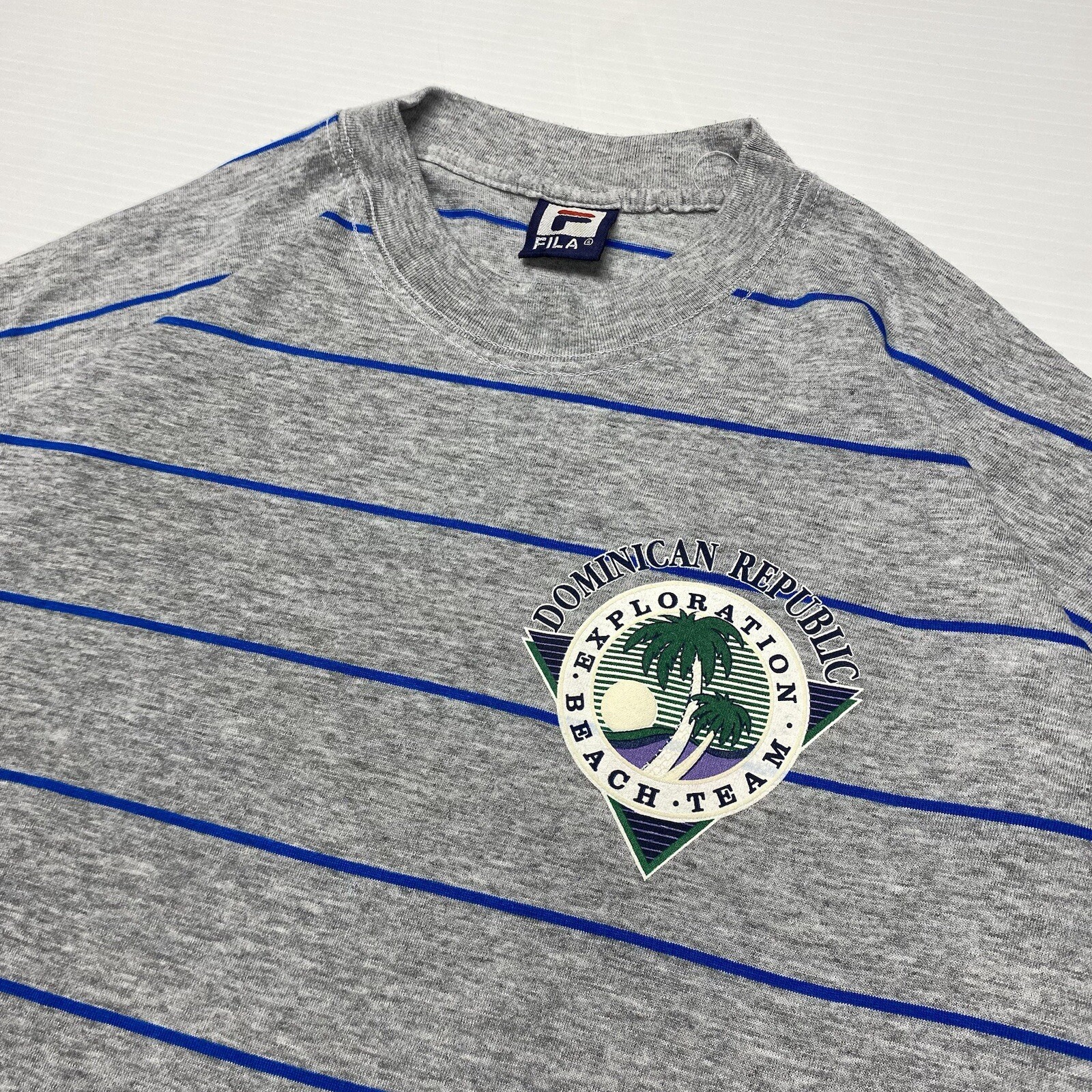 Vtg FILA Dominican Republic Beach Exploration Team Mens T-Shirt L Gray Striped