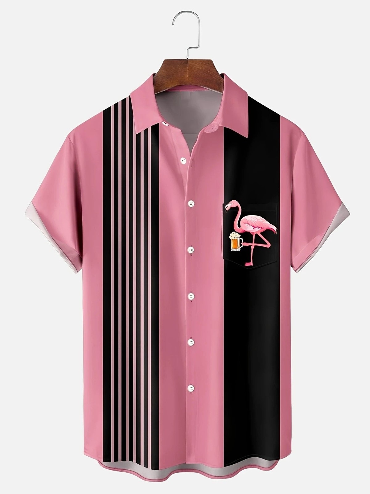 Mens Vintage Flamingo Beer Print Bowling Chest Pocket Short Sleeve Shirt