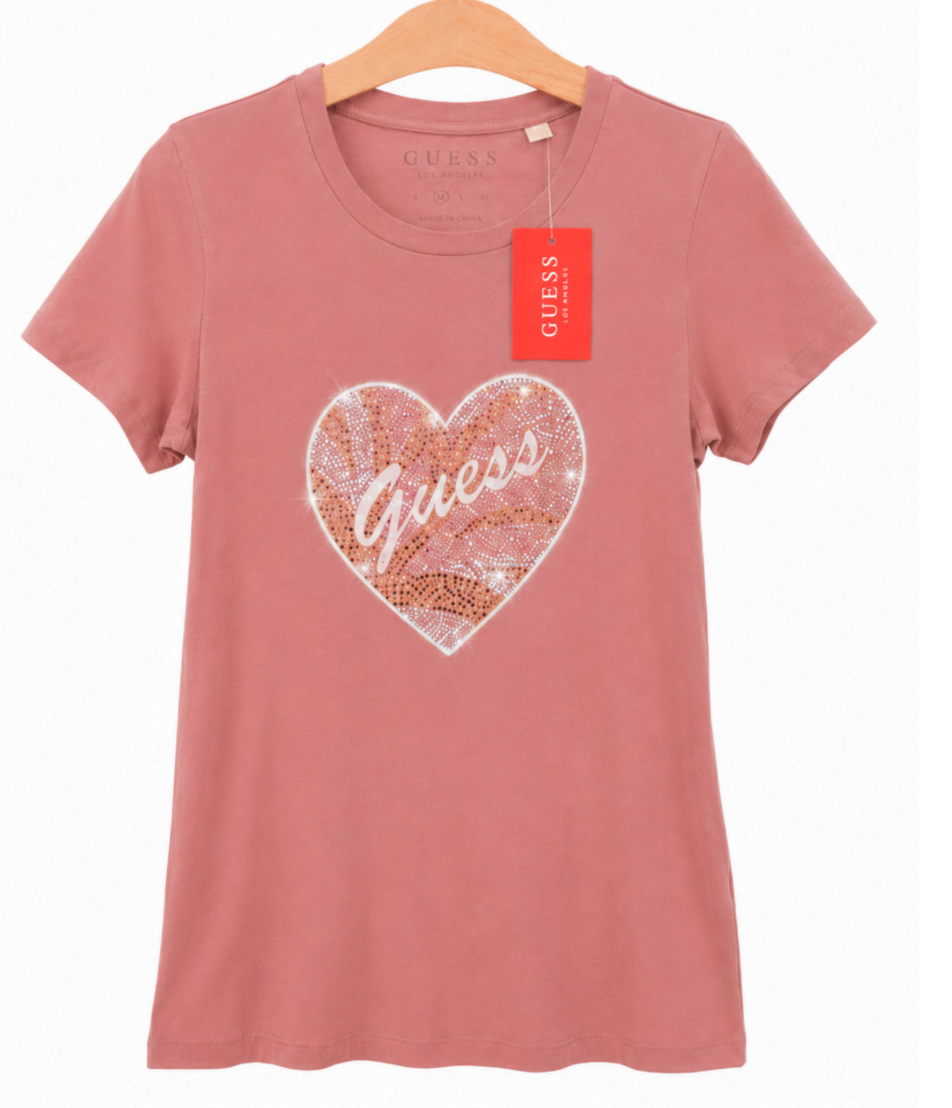 GUESS Womens Rhinestone Heart Graphic Tee Mauve Pink Short Sleeve Top Size M NWT