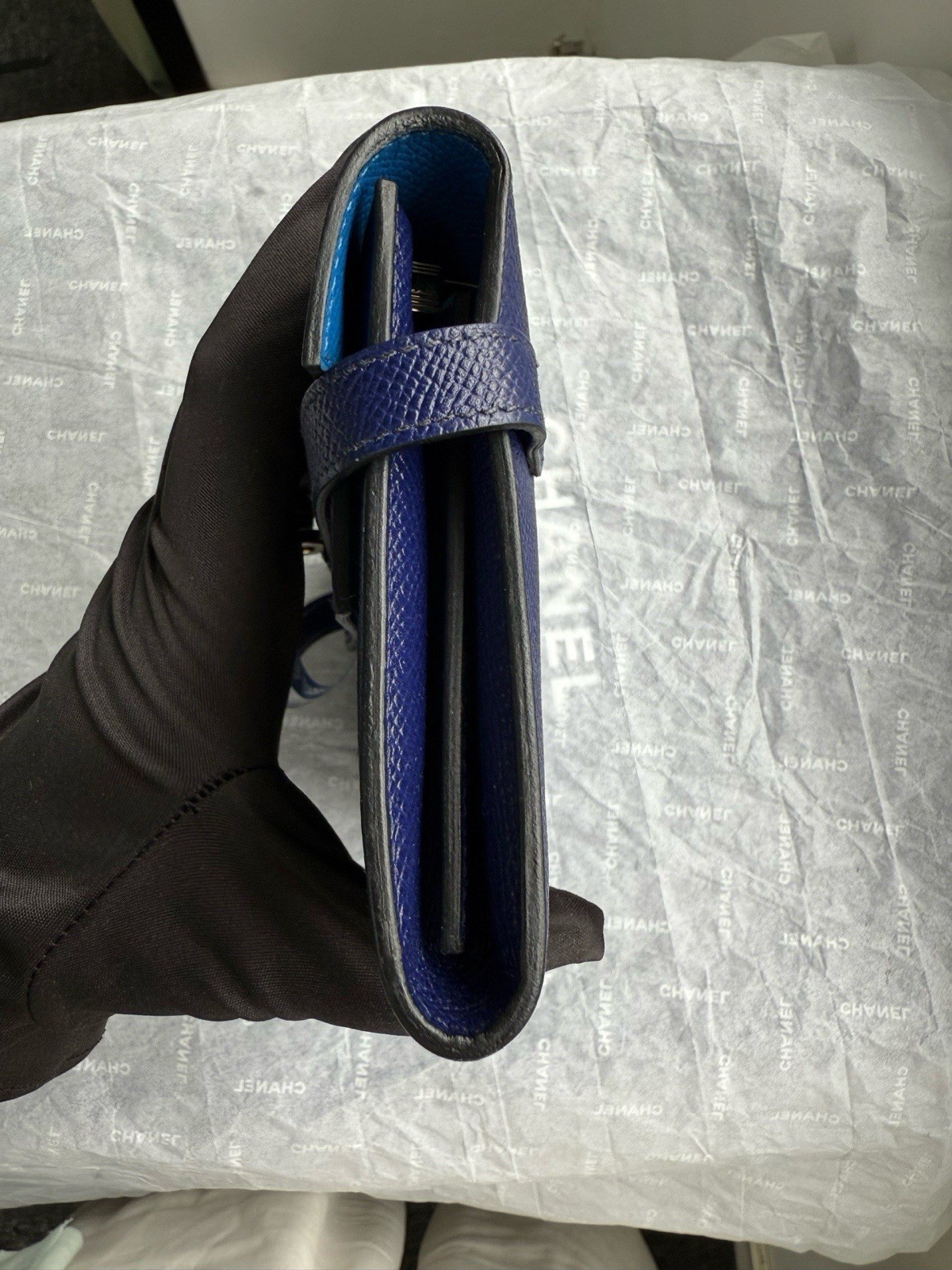 Authentic Hermès Kelly Long Wallet Sapphire Blue Epsom Leather Silver Hardware