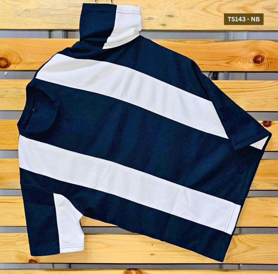 Men’s Casual Short Sleeve Striped Shirt – Navy Blue & White Horizontal Patt