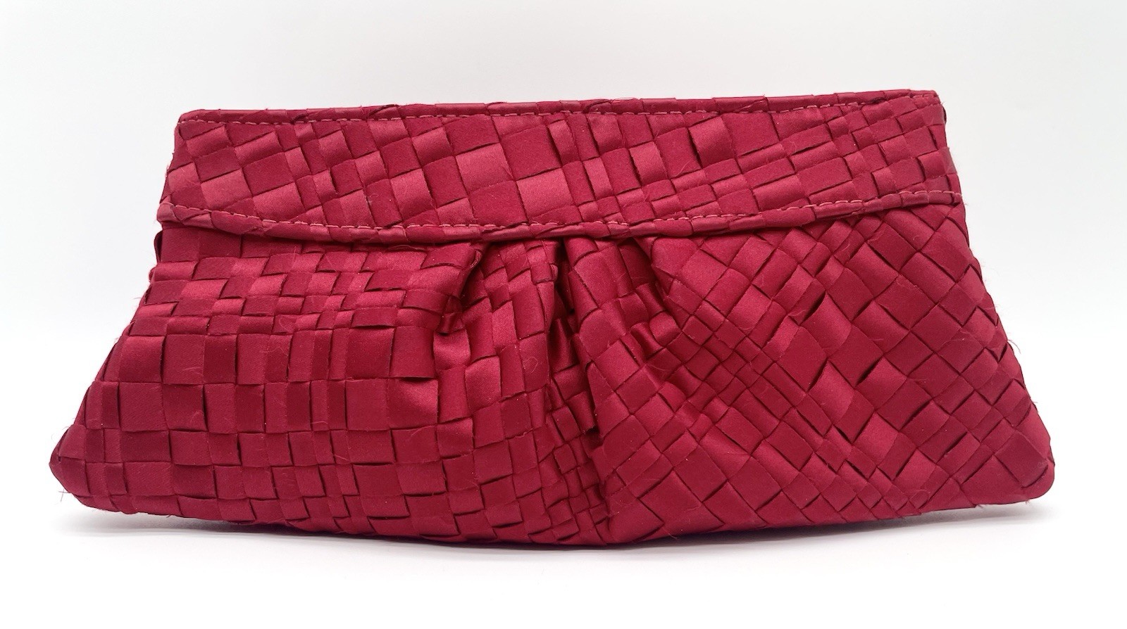 LAUREN MERKIN Ruby Red Satin Woven Small Hinged Clutch SEE FULL DESCRIPTION