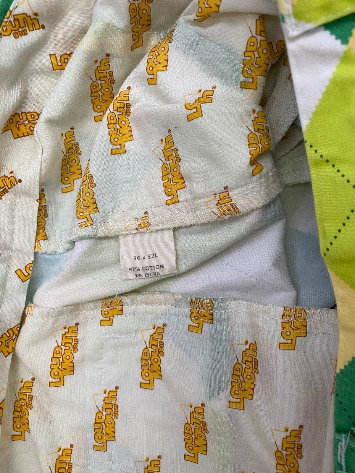 Loudmouth Men’s Golf Pants 36 x 32 Green Yellow Argyle Diamond Cotton