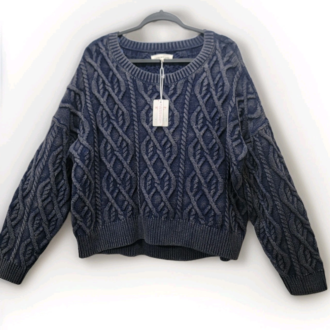 NWT Lucky Brand Cadet Navy Acid Wash Chunky Cable Knit Pull Over Sweater Wom XL