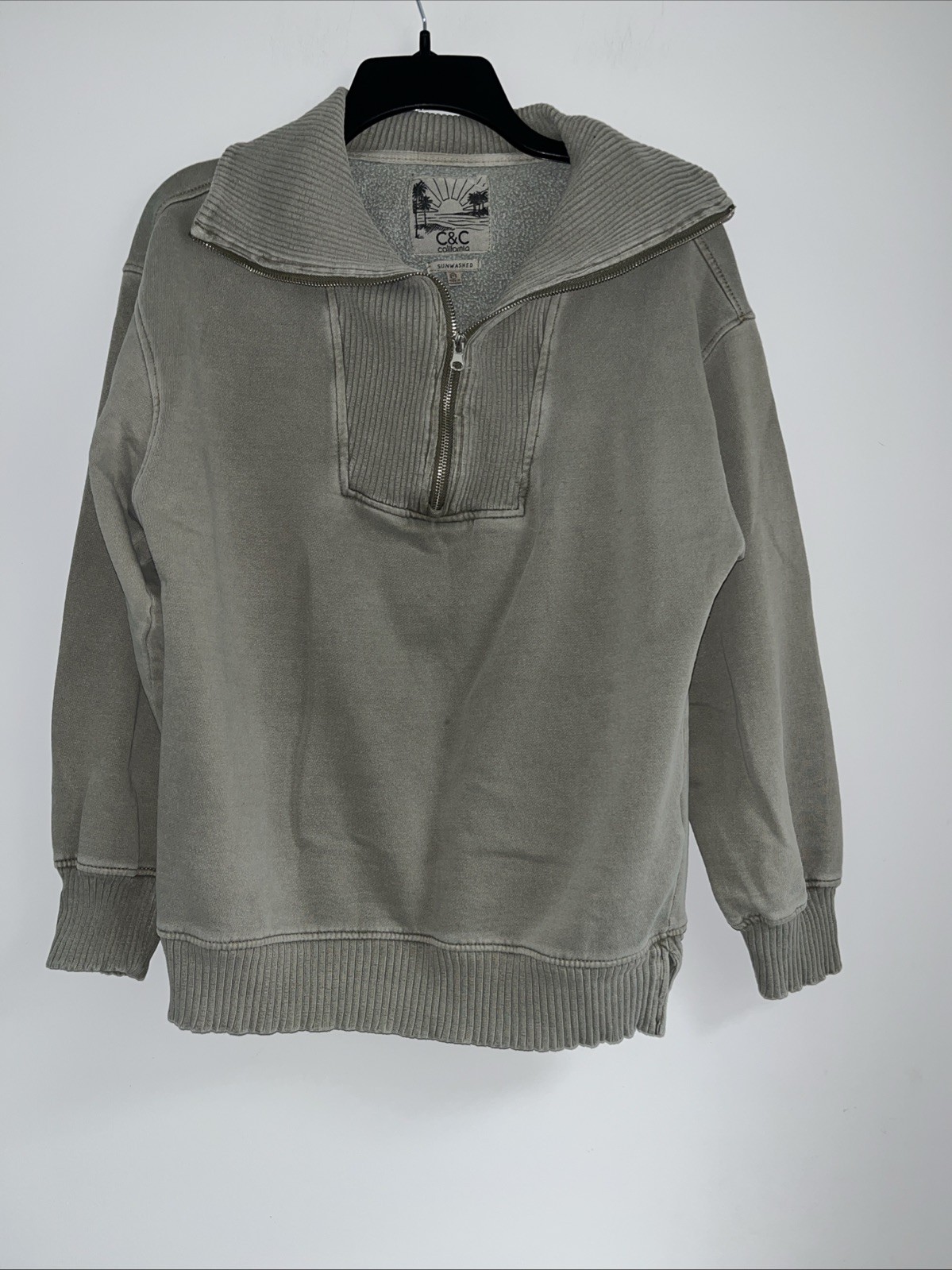 C & C Sun washed Size Medium Olive Green 1/4 Zip Pullover Sweatshirt Long Sleeve